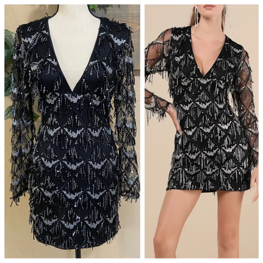 NWOT Lulus Playful Composure Black Fringe Sequin Mini Dress